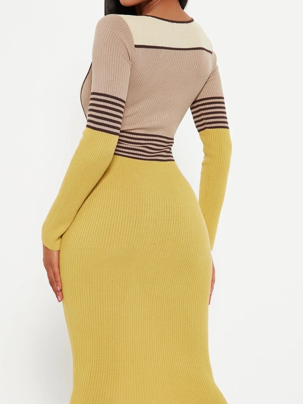 Ribbed Square-Neck Midi Dress in Cream and Yellow - Picture 2 of 2